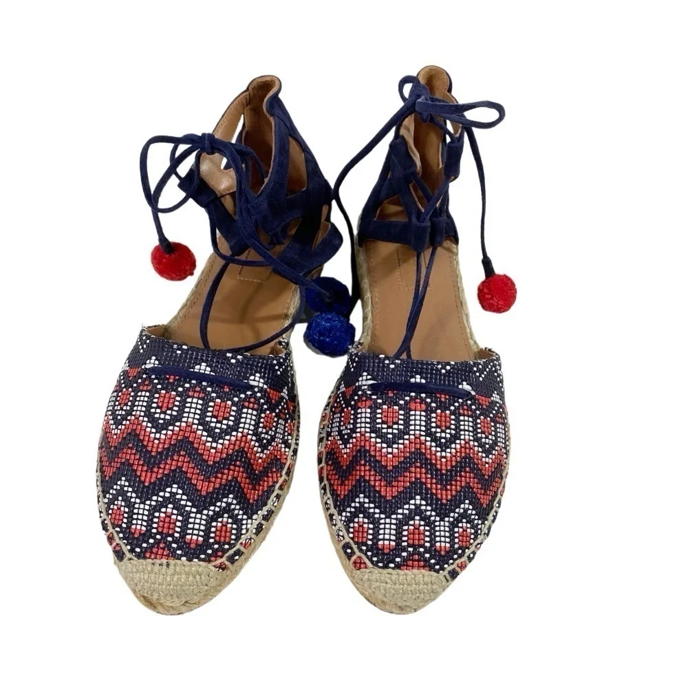 AQUAZZURA Belgravia Blue Suede Pom Pom Raffia Embroidered Woven Espadrilles